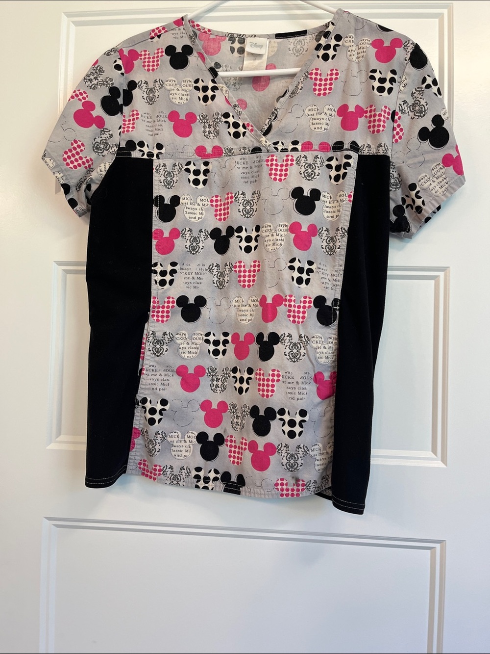Disney Pink Black Gray Mickey Mouse Print Scrub Top